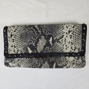 BCBGMaxAzria Leather Snakeskin Print Clutch Silver Stud Embellishment Black Trim
